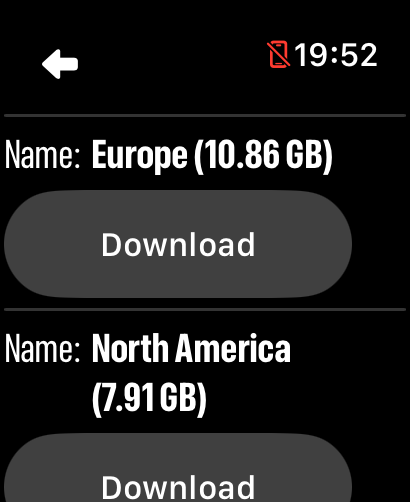 LilyMaps continent map list on Apple Watch