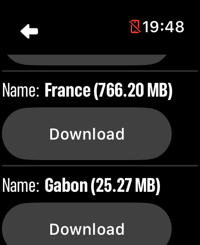 Country map list with download sizes and buttons in LilyMaps
