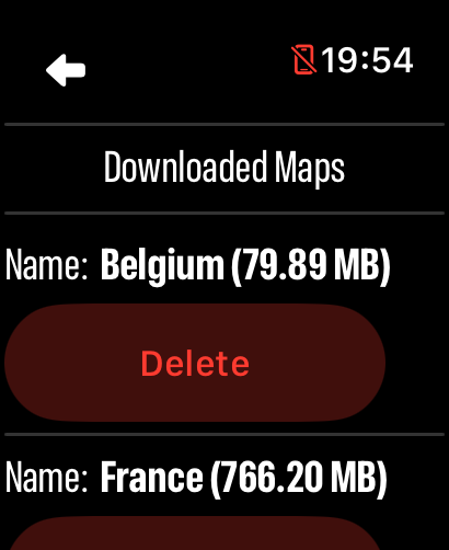 Downloaded Maps list with stored maps and Delete buttons in LilyMaps