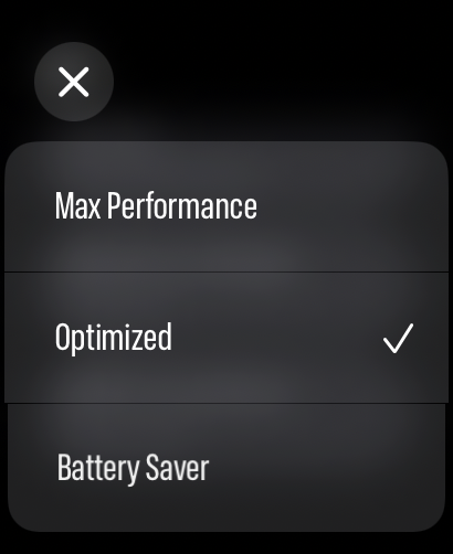 LilyMaps Battery Mode picker showing Optimized selected on Apple Watch