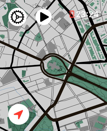 LilyMaps main map on Apple Watch with the Settings gear in the upper-left corner