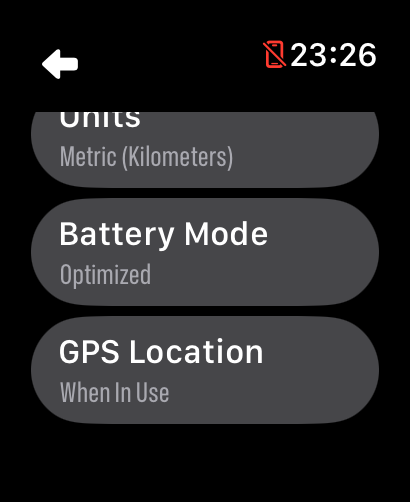 LilyMaps Setting list on Apple Watch with Battery Mode visible