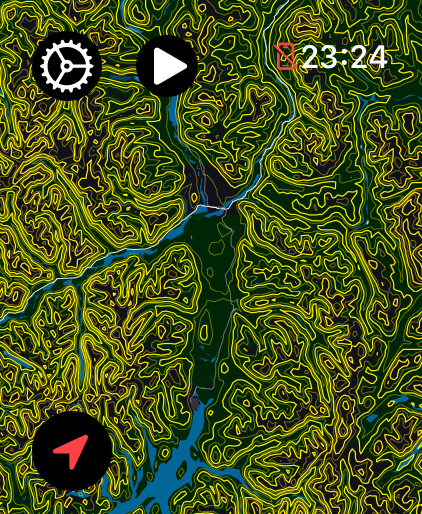 LilyMaps map on Apple Watch showing Contour Lines across a wide mountain valley