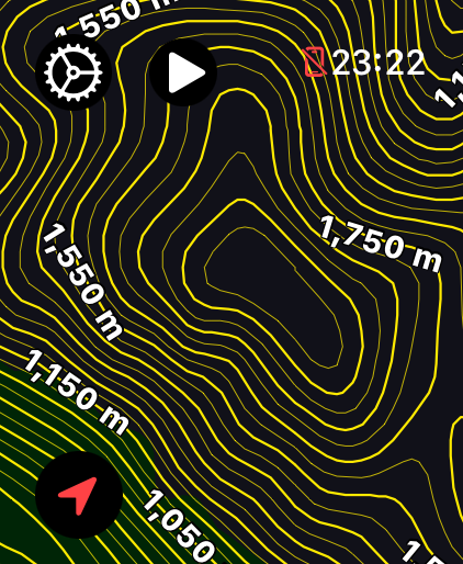 LilyMaps map on Apple Watch showing tightly spaced Contour Lines with elevation labels