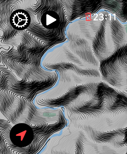 LilyMaps map on Apple Watch showing Shaded Contour Lines around a mountain river valley