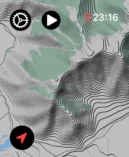 LilyMaps map on Apple Watch showing Shaded Contour Lines on a steep mountain slope