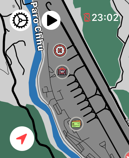 LilyMaps map on Apple Watch with the gear icon in the upper-left corner