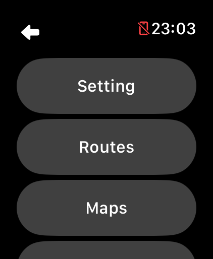 LilyMaps menu on Apple Watch with Setting at the top
