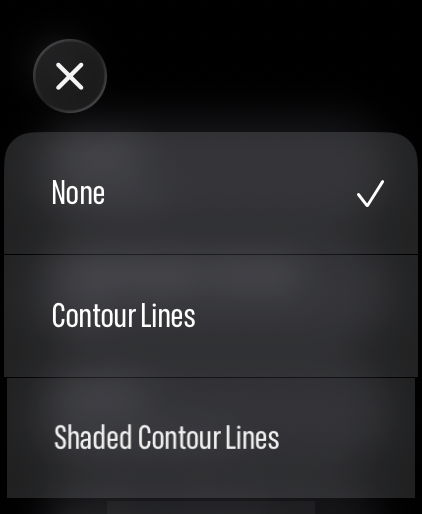 LilyMaps Highlight Mode picker on Apple Watch with Contour Lines and Shaded Contour Lines options