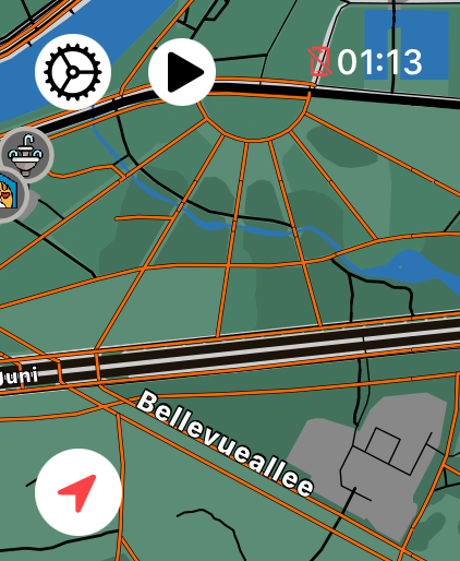 LilyMaps map on Apple Watch showing individual cycle paths highlighted in orange