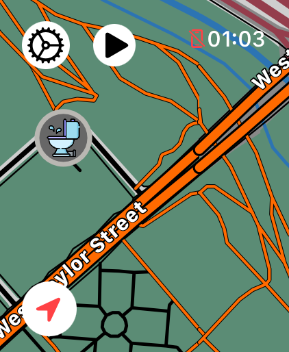 LilyMaps map on Apple Watch with Cycle Ways highlighted in orange