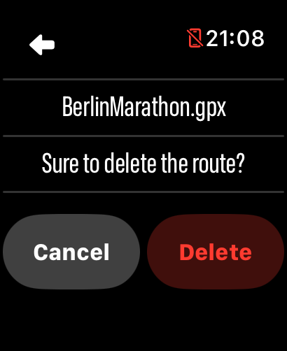 LilyMaps confirmation asking whether to delete an imported route