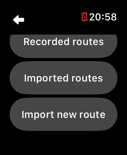 LilyMaps Routes menu on Apple Watch with the Import new route button