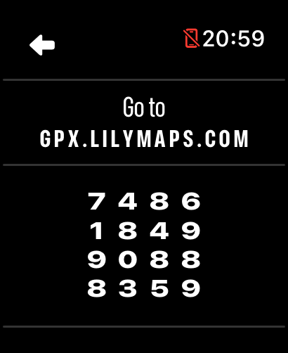 LilyMaps GPX transfer code shown on Apple Watch