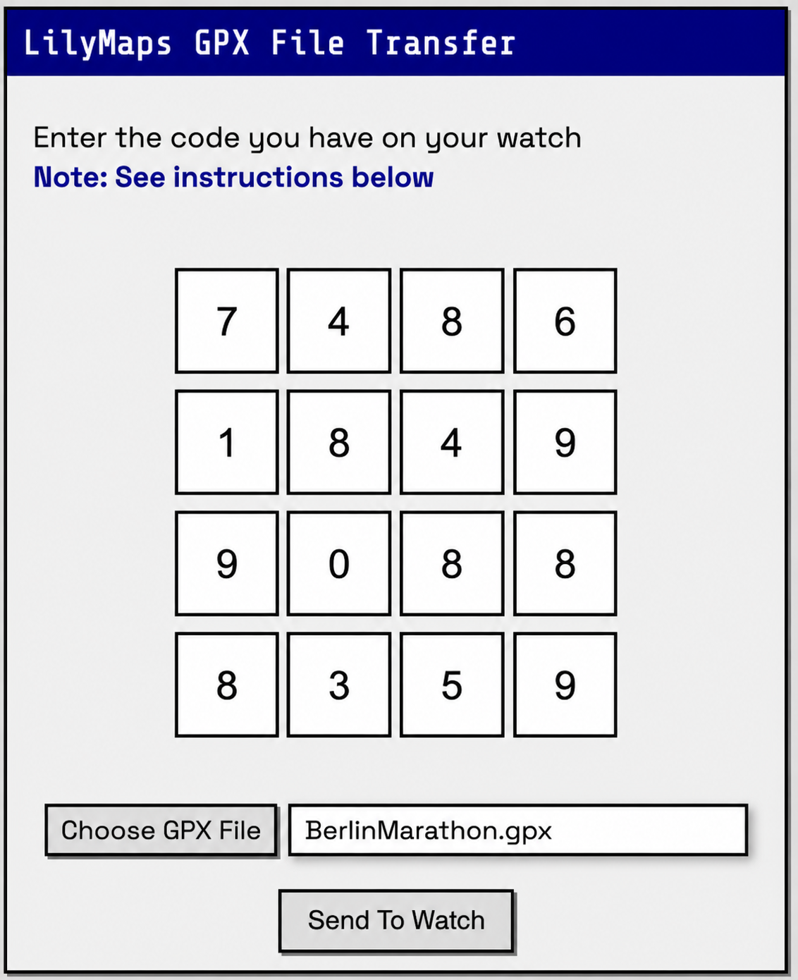 LilyMaps GPX File Transfer form with watch code, GPX file picker, and Send To Watch button