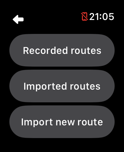 LilyMaps Routes menu on Apple Watch with the Imported routes button