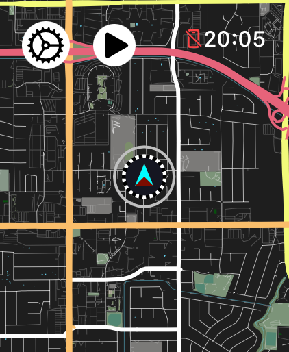 LilyMaps map on Apple Watch with the gear icon in the upper-left corner
