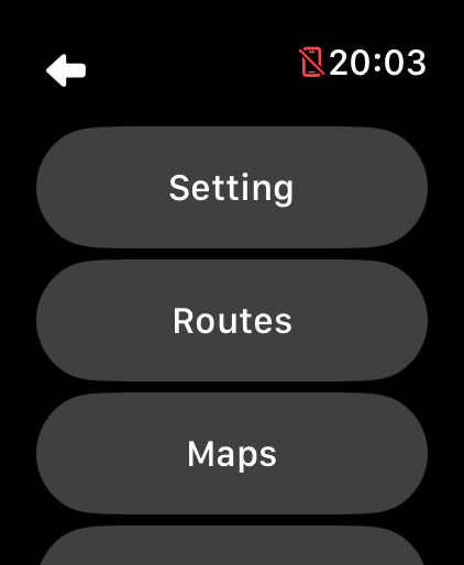 LilyMaps menu on Apple Watch with Setting at the top