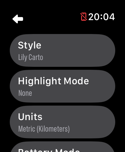 LilyMaps Setting screen on Apple Watch with Style at the top