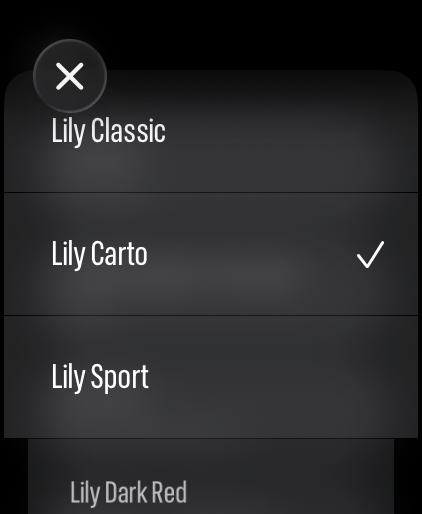 LilyMaps Style picker on Apple Watch with Lily Carto selected