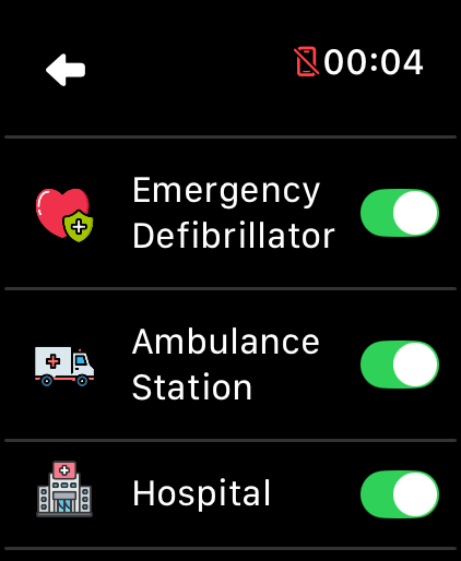LilyMaps Map features list on Apple Watch showing Emergency Defibrillator, Ambulance Station, and Hospital