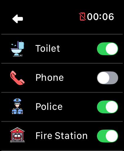 LilyMaps Map features list on Apple Watch showing Toilet, Phone, Police, and Fire Station