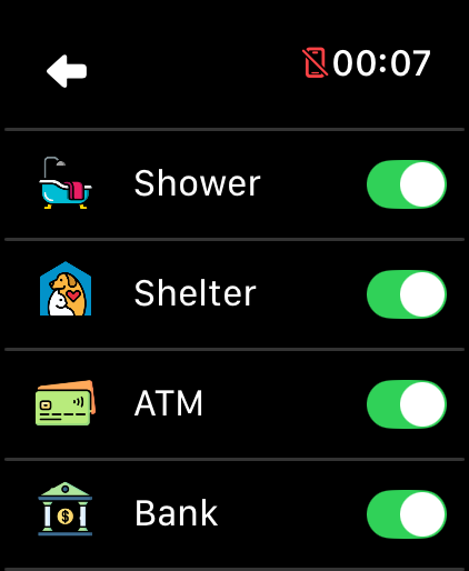 LilyMaps Map features list on Apple Watch showing Shower, Shelter, ATM, and Bank