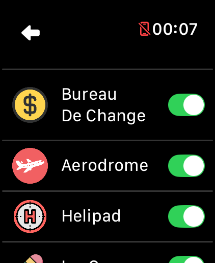 LilyMaps Map features list on Apple Watch showing Bureau De Change, Aerodrome, and Helipad