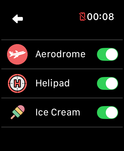 LilyMaps Map features list on Apple Watch showing Aerodrome, Helipad, and Ice Cream