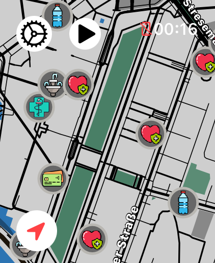 LilyMaps map on Apple Watch showing water, fountain, medical, and financial landmarks