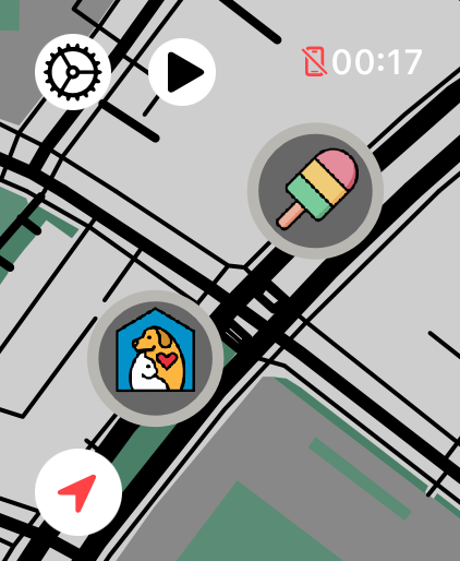 LilyMaps map on Apple Watch showing shelter and ice cream landmarks