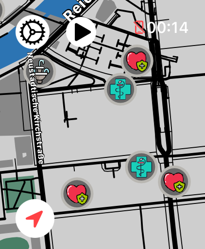 LilyMaps map on Apple Watch showing emergency defibrillator, clinic, and fountain landmarks
