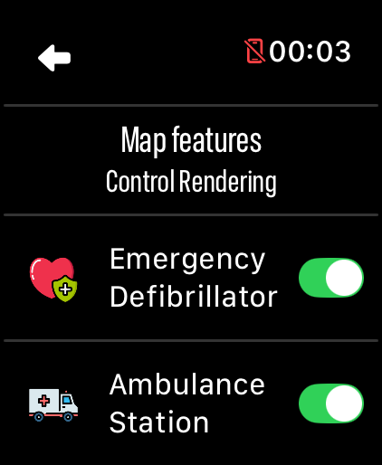 LilyMaps Map features list on Apple Watch showing landmark options