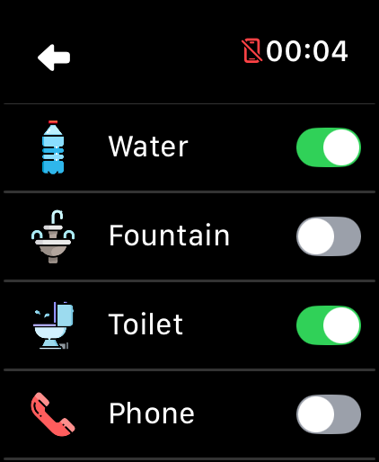LilyMaps Map features list on Apple Watch showing Water, Fountain, Toilet, and Phone switches