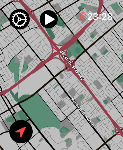LilyMaps map on Apple Watch with the gear icon in the upper-left corner