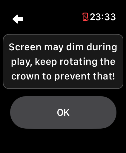LilyMaps screen-dimming message on Apple Watch with the OK button visible