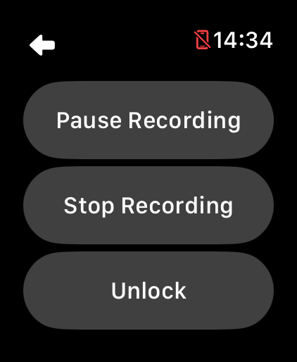 LilyMaps active recording controls on Apple Watch showing Pause Recording, Stop Recording, and Unlock