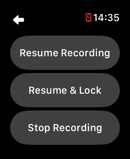 LilyMaps paused recording controls on Apple Watch showing Resume Recording, Resume and Lock, and Stop Recording