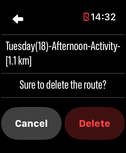 LilyMaps confirmation asking whether to delete a recorded route named Tuesday 18 Afternoon Activity