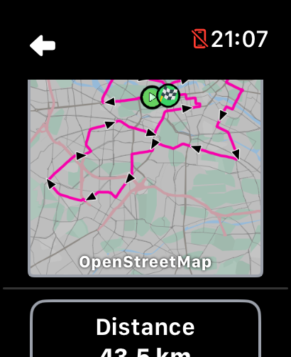 LilyMaps route information screen with a route preview and distance