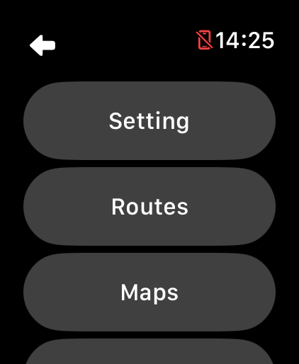 LilyMaps menu on Apple Watch with Routes between Setting and Maps