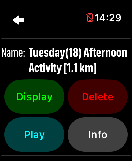 LilyMaps saved route controls on Apple Watch showing Display, Delete, Play, and Info