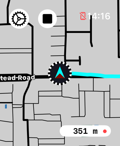 LilyMaps map on Apple Watch during a recording with the square stop button near the upper-left corner
