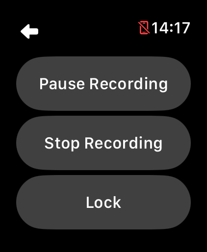 LilyMaps recording controls on Apple Watch showing Pause Recording, Stop Recording, and Lock