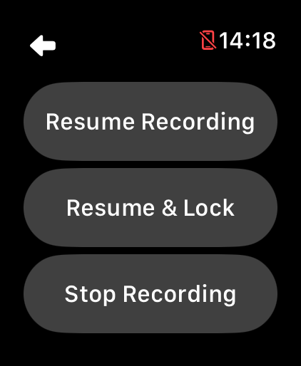 LilyMaps paused recording controls on Apple Watch showing Resume Recording, Resume and Lock, and Stop Recording