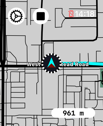 LilyMaps map on Apple Watch during a recording with the square stop button and live distance visible