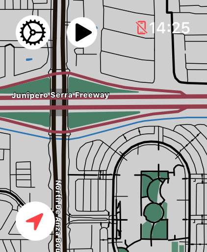 LilyMaps map on Apple Watch with the gear icon in the upper-left corner