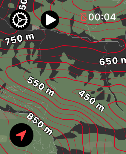 LilyMaps map on Apple Watch showing contour elevation labels in meters