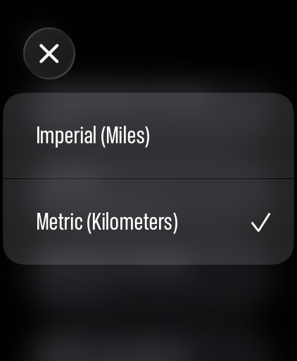 LilyMaps Units picker on Apple Watch showing Imperial (Miles) and Metric (Kilometers)
